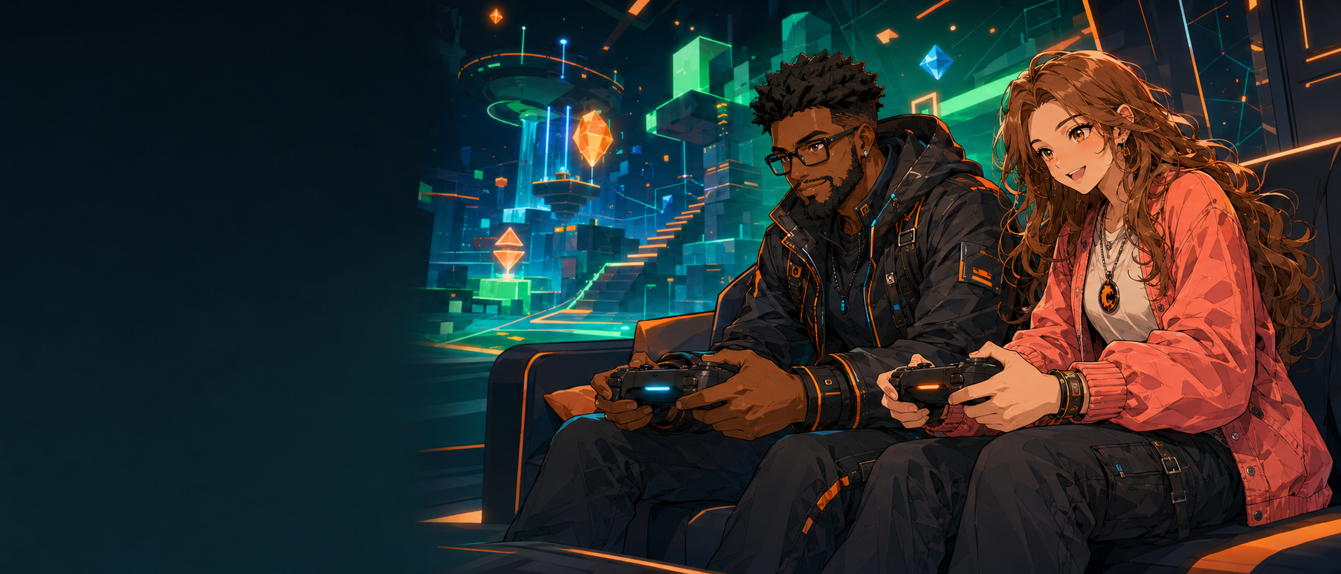 Two RogueVerse gamers team up inside a colorful original gaming lounge