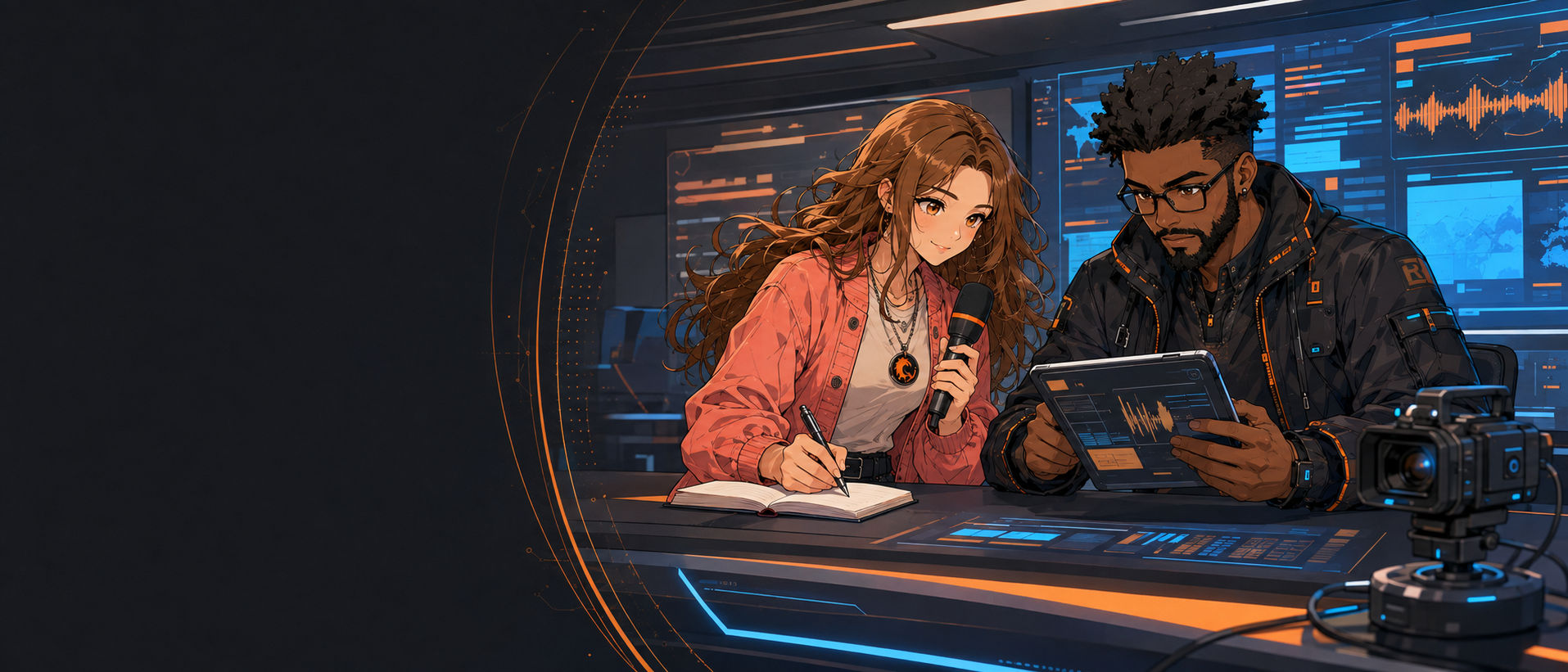 RogueVerse editors track stories in a clean futuristic newsroom