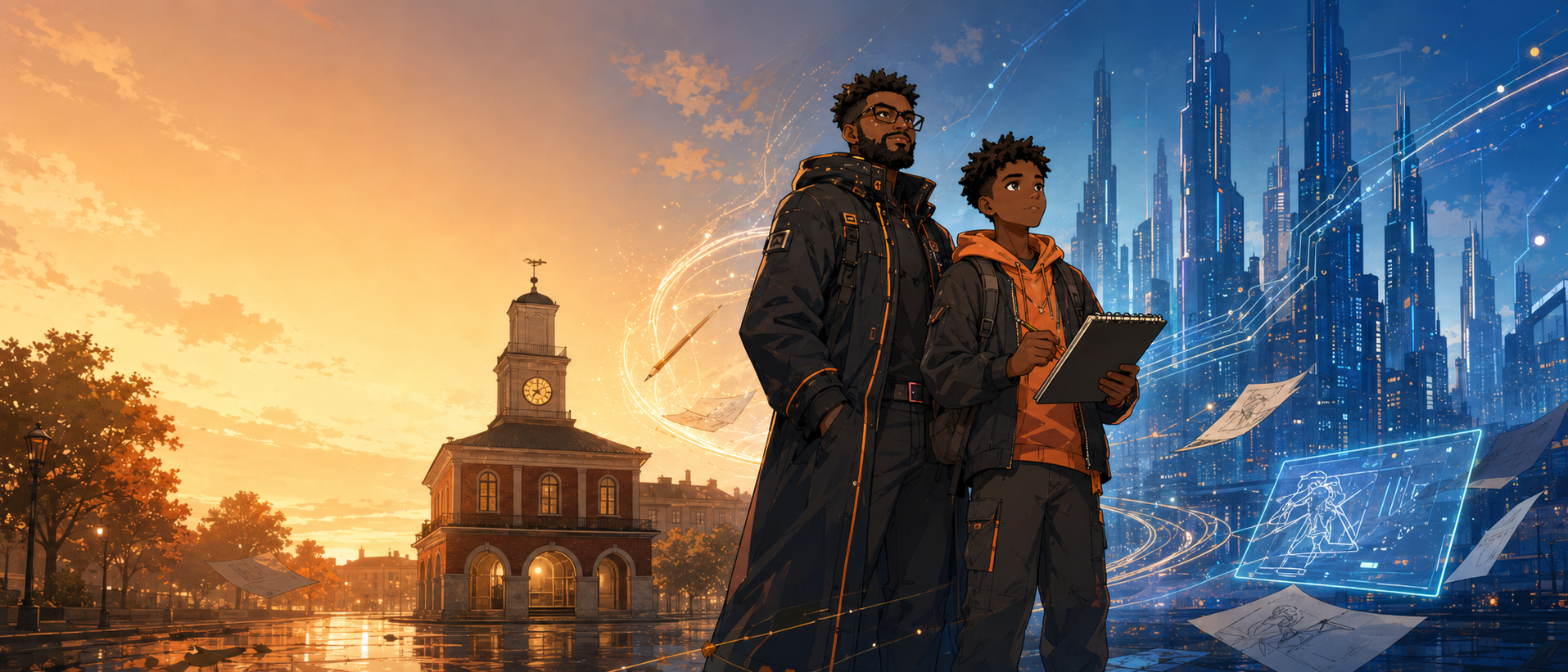 Two generations of creators look from Fayetteville roots toward a hopeful future skyline