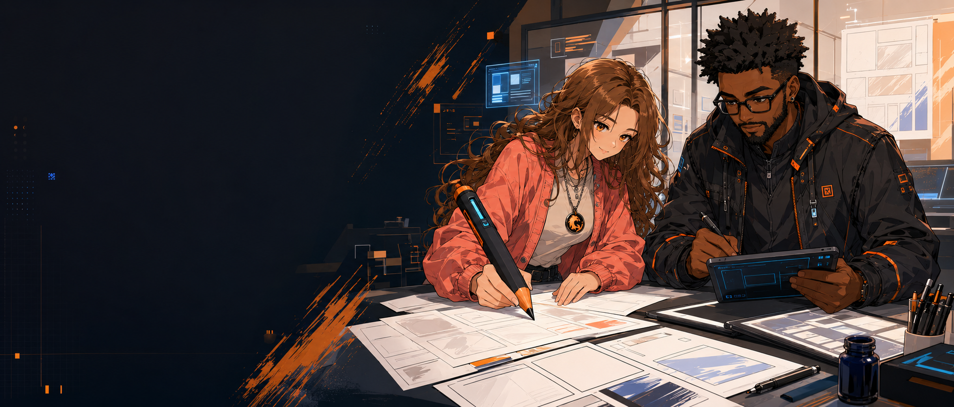 Two RogueVerse editors shape original stories using manuscript pages and digital publishing tools