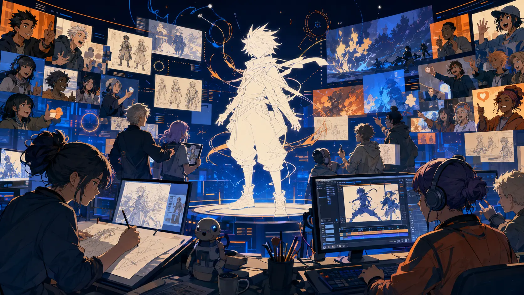 Original anime illustration of artists, animators and fans shaping an unfinished character together