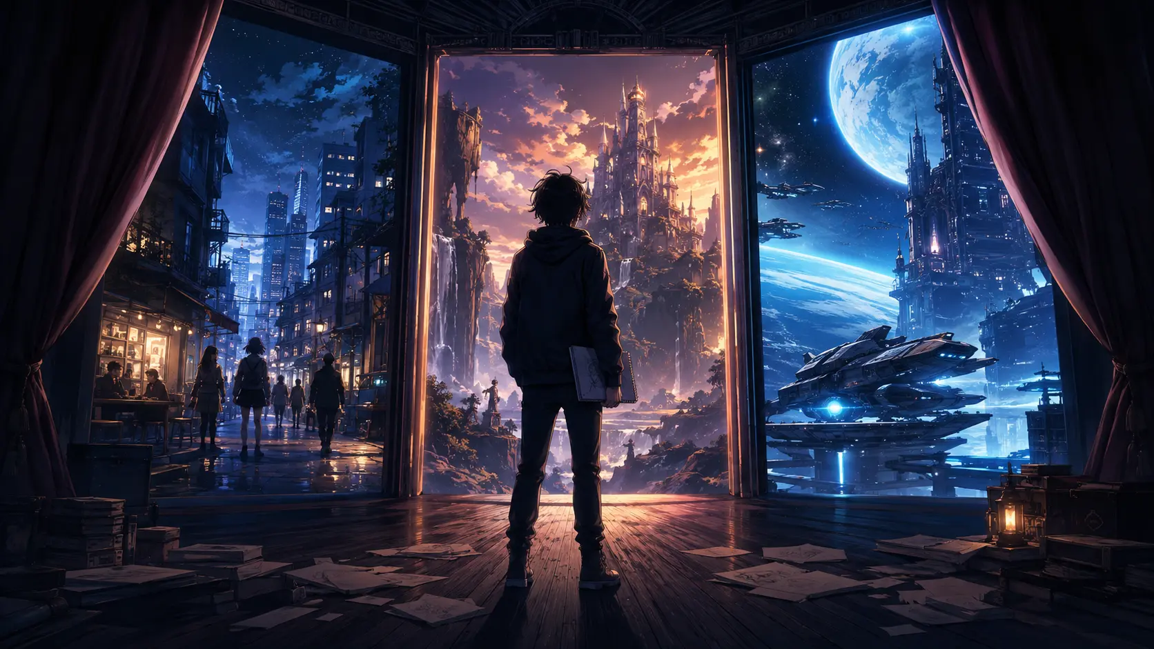 Original anime illustration of a creator choosing between urban, fantasy and science-fiction worlds