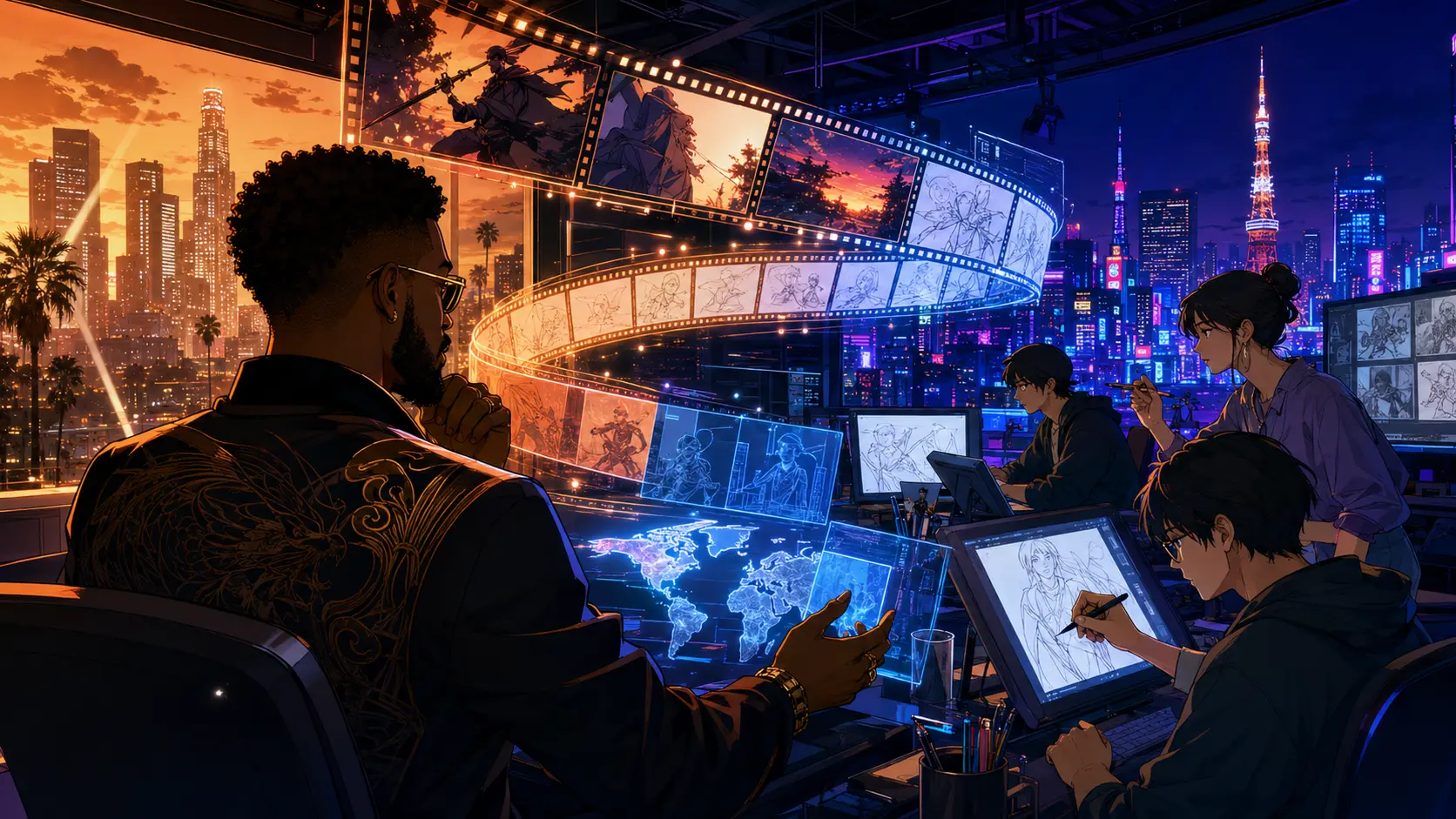 Original anime illustration of an American producer collaborating with Japanese animators across a glowing global production studio