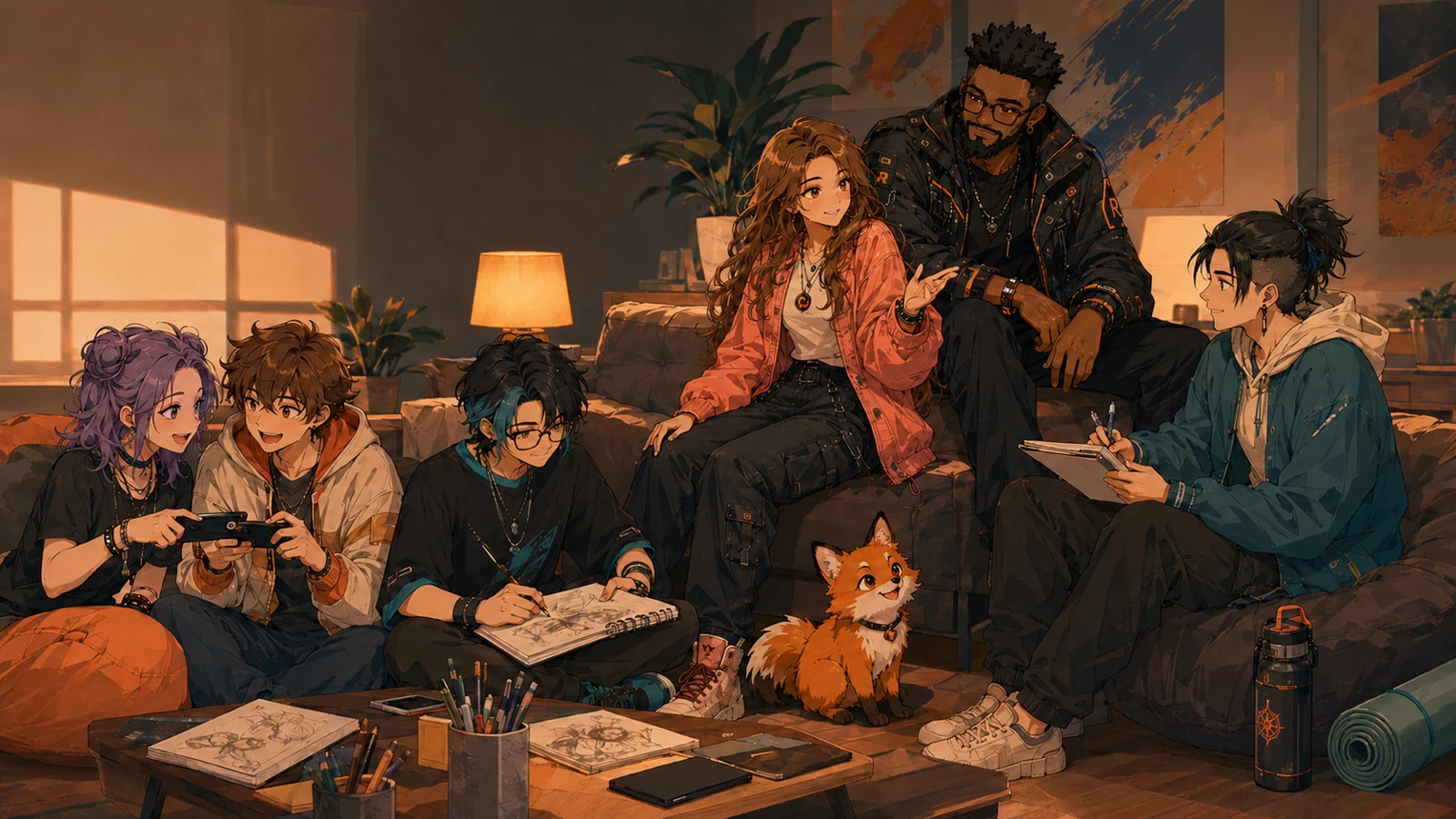RogueVerse creators drawing and talking in a warmly lit studio lounge