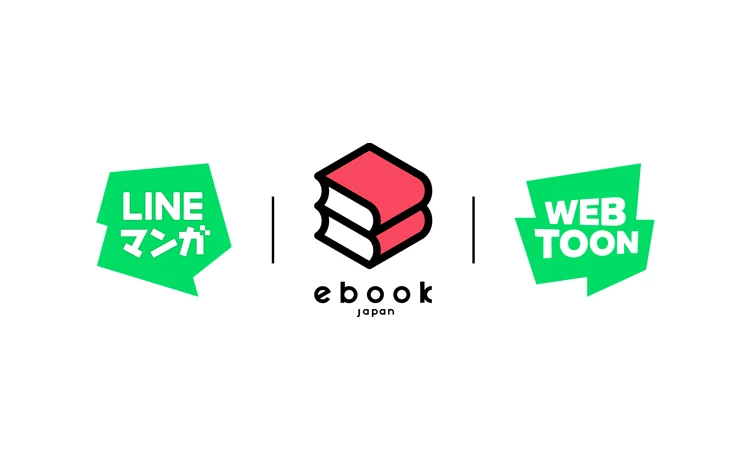 LINE MANGA, ebookjapan and WEBTOON logos on a white background