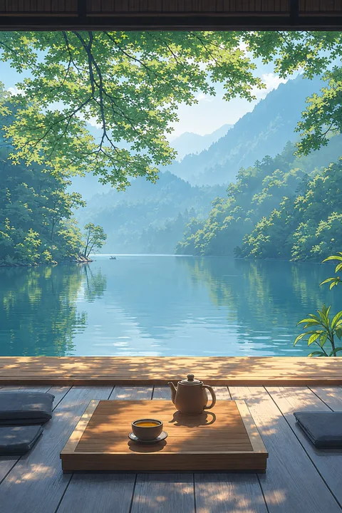Peaceful mountain lake with tea and floor cushions