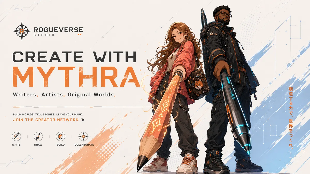 Anime-style digital creator and world builder with a futuristic creative tool
