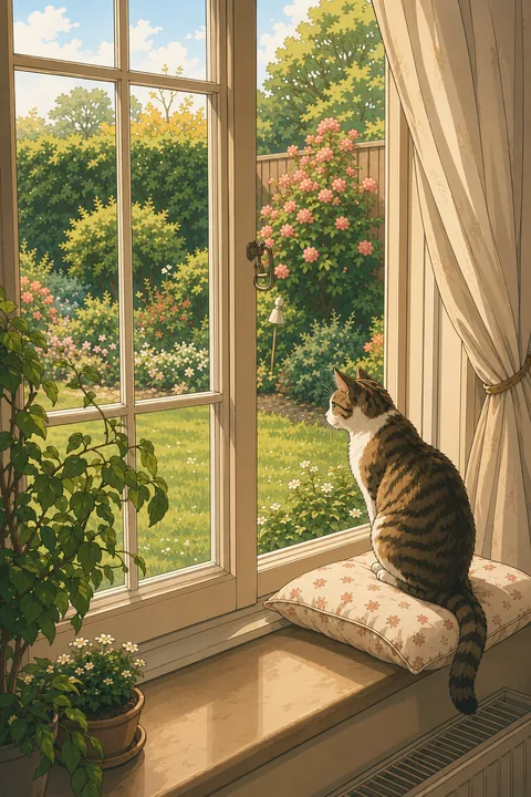 Warm garden window scene with flowers and a cat