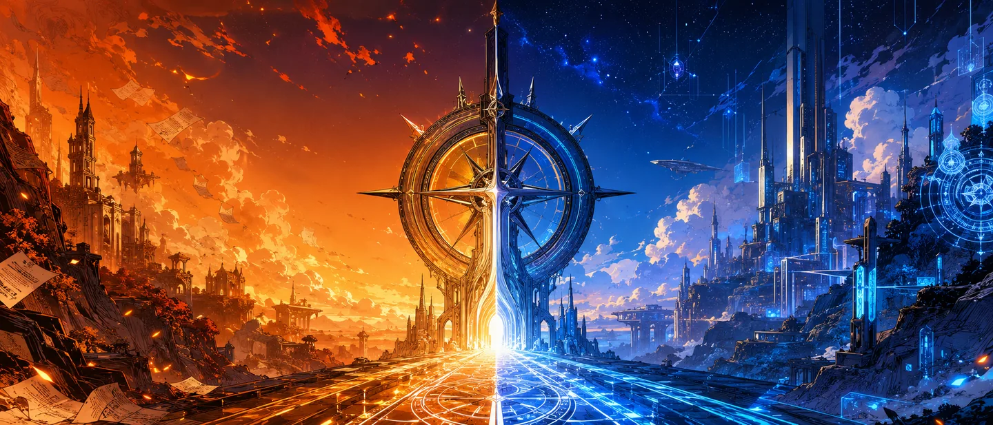 A sword-compass gateway divides an orange fantasy city from a blue futuristic city