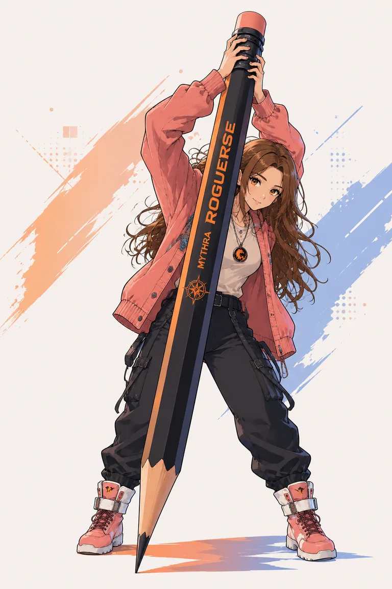 Anime-style visual creator holding an oversized RogueVerse pencil
