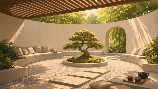 Quiet anime-style Zen courtyard with a bonsai tree