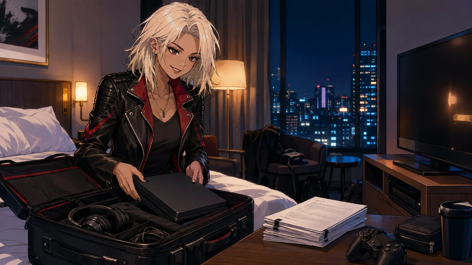 Original anime-style blonde gamer packing a fictional game console into luggage beside film scripts