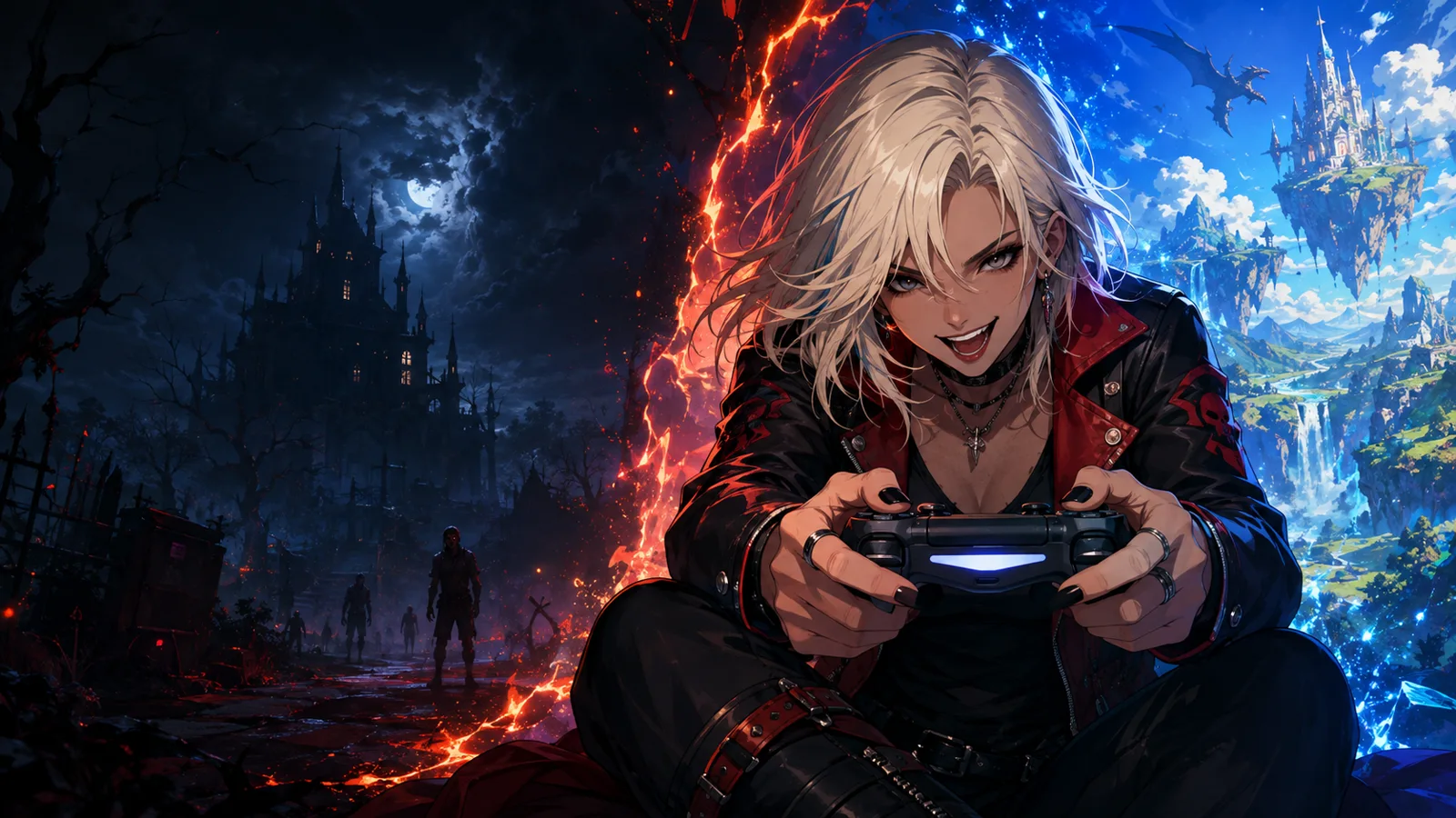 Original anime-style blonde gamer holding a controller between a dark horror world and a bright fantasy world