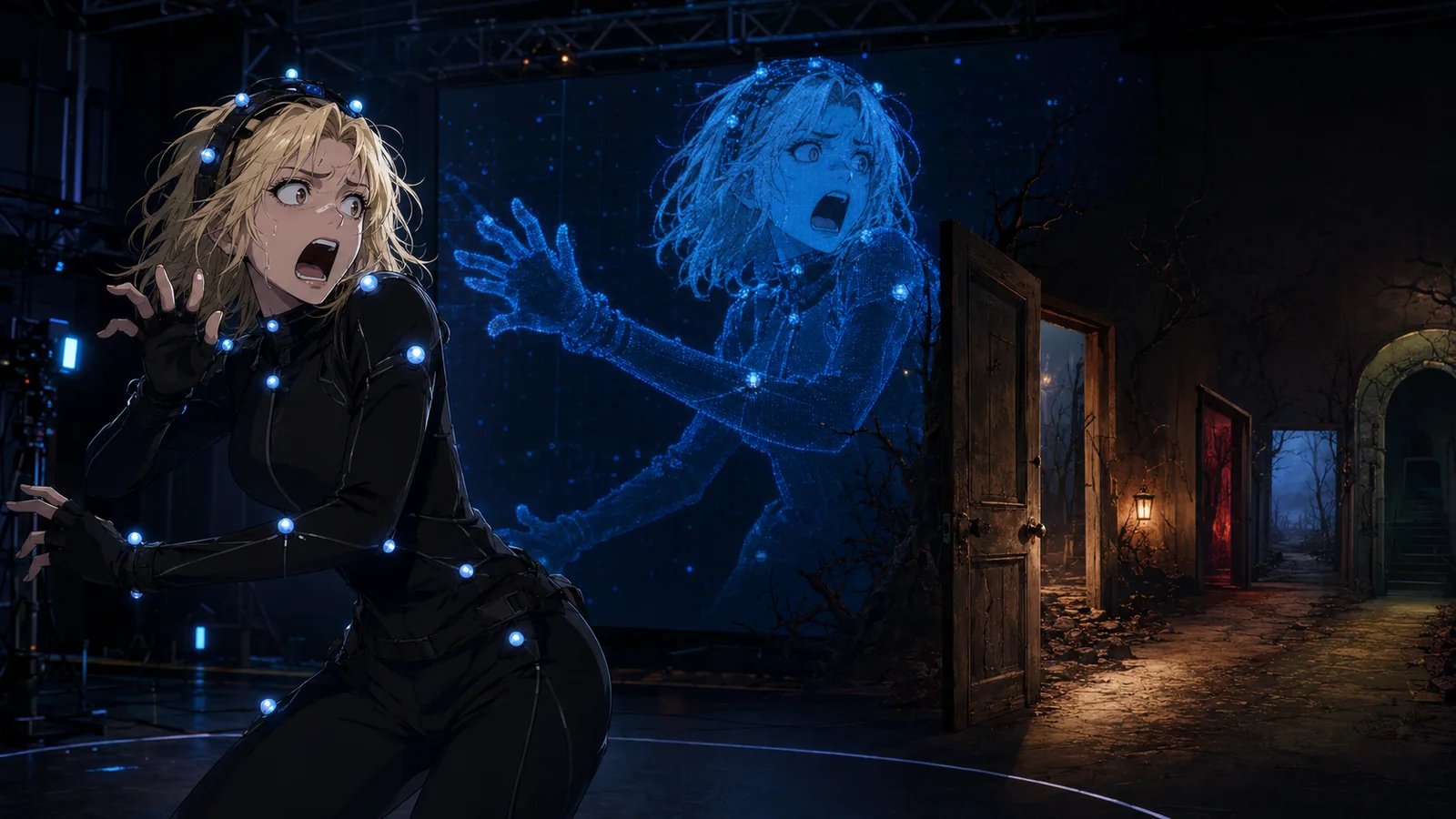 Original anime-style performer in a motion-capture suit confronting a frightening digital double in a horror-game studio