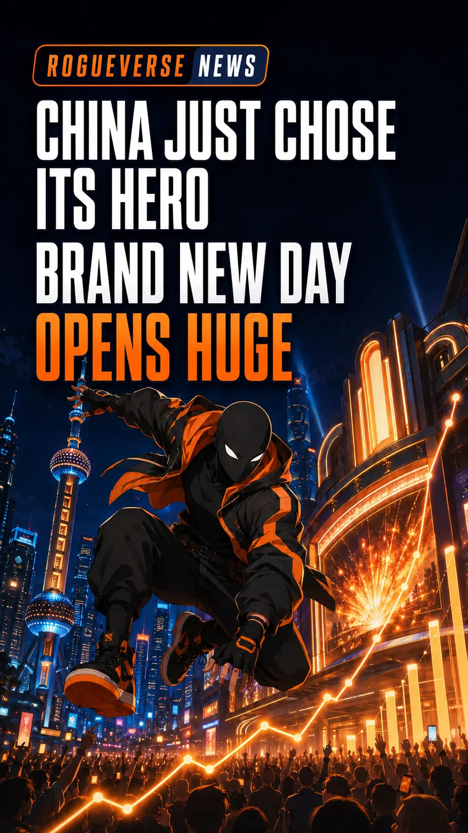 Original anime-style masked acrobat above a glowing Chinese city with the headline China Just Chose Its Hero