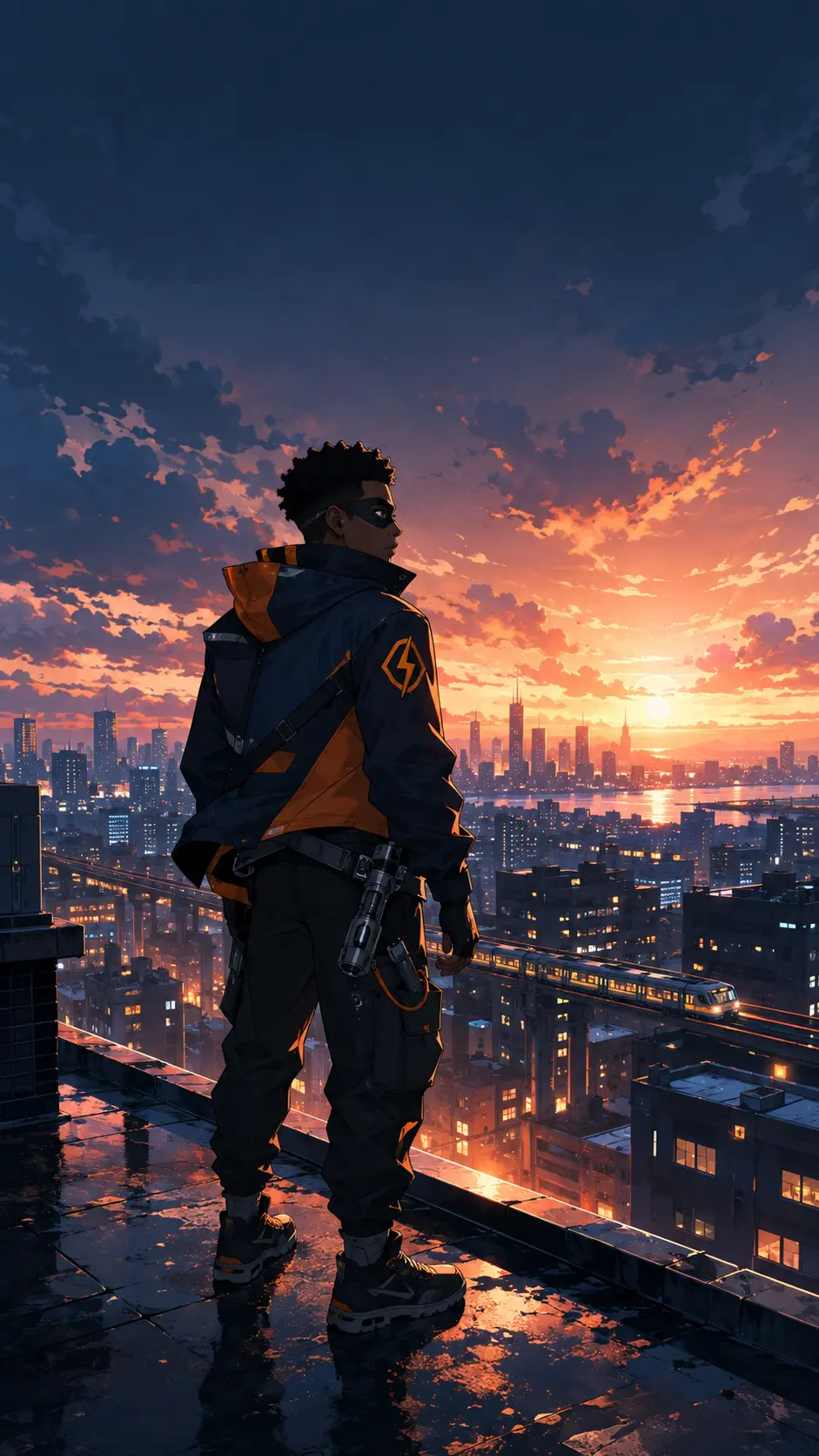 Original RogueVerse anime guardian overlooking a city at sunrise
