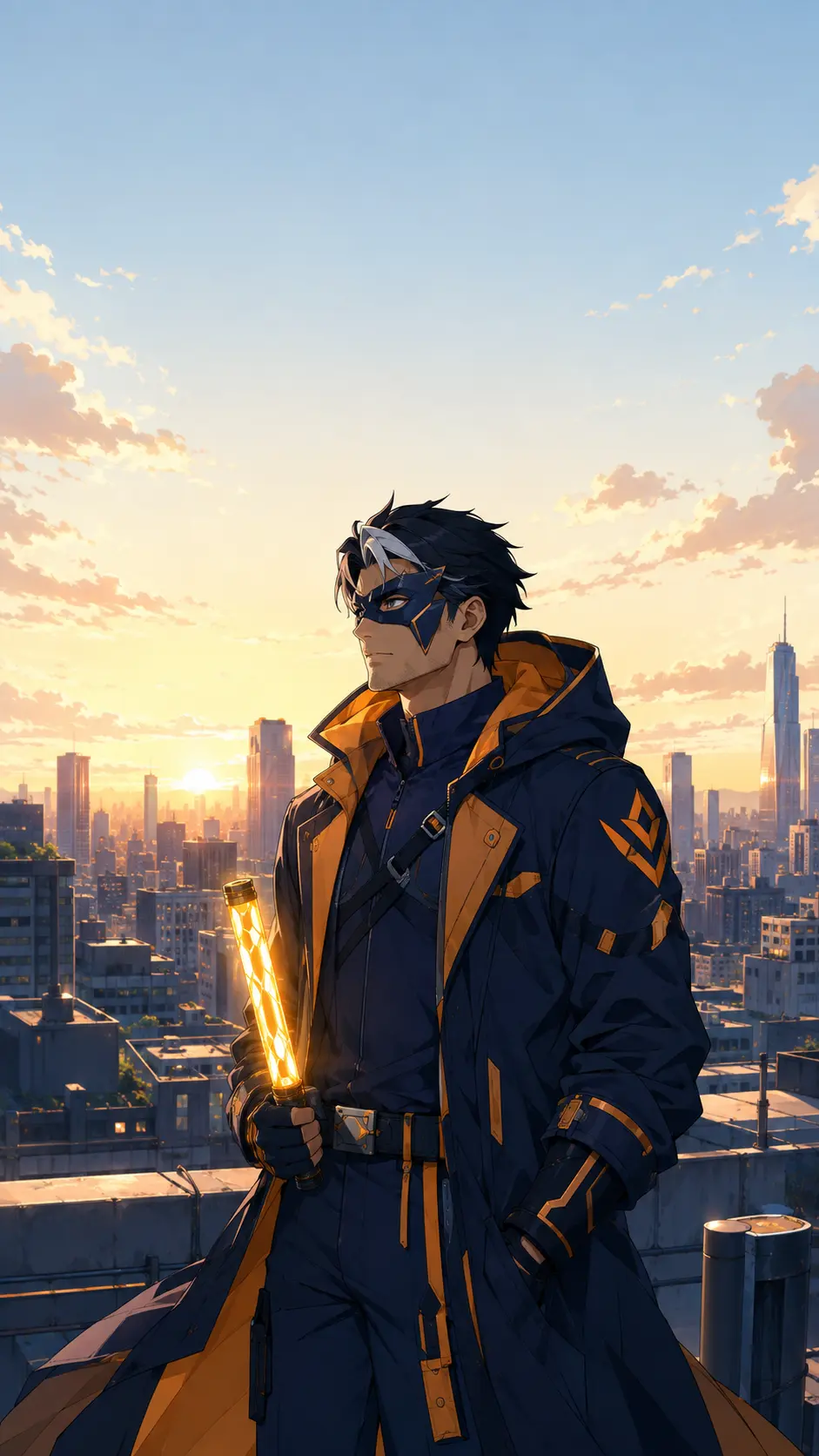 Original anime guardian holding a glowing relay baton above a futuristic city
