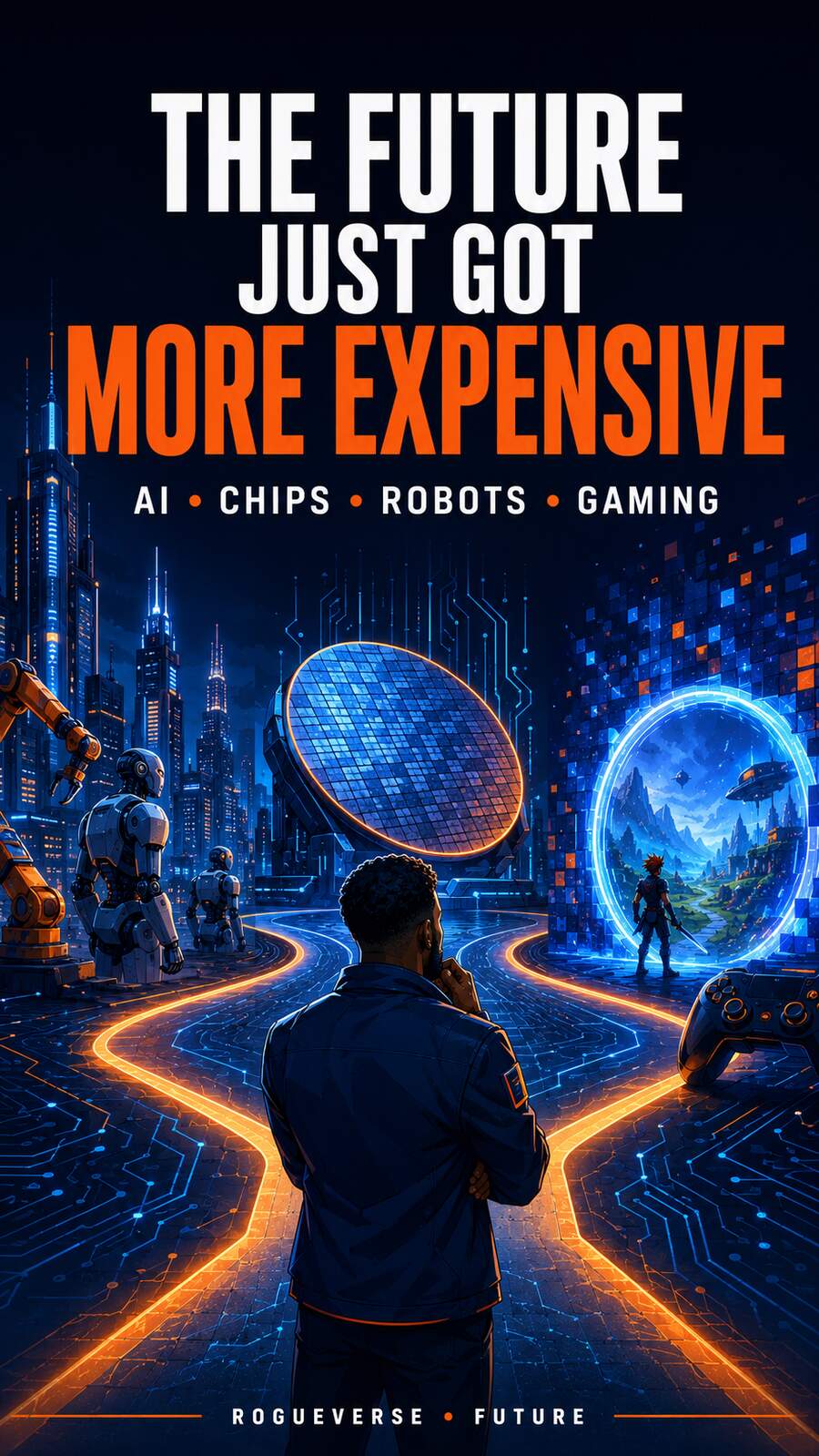 Anime-style future city framed by blue circuitry and warning-orange technology light
