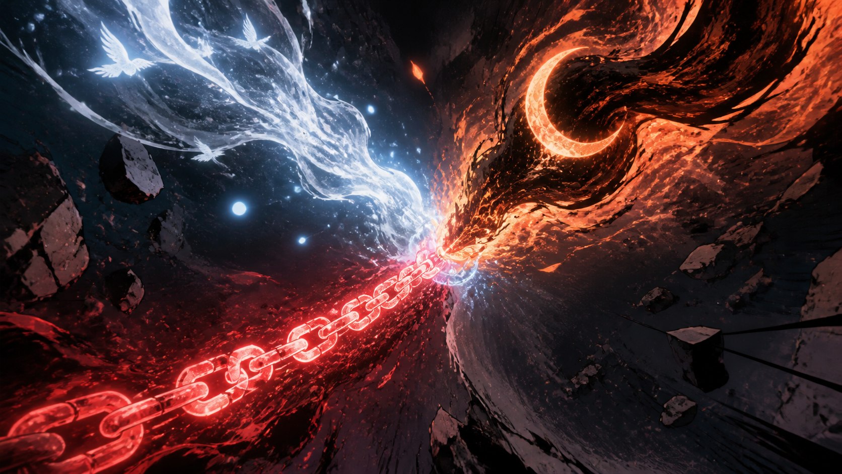 Original symbolic illustration of blue-white, black-orange and crimson chain energy converging