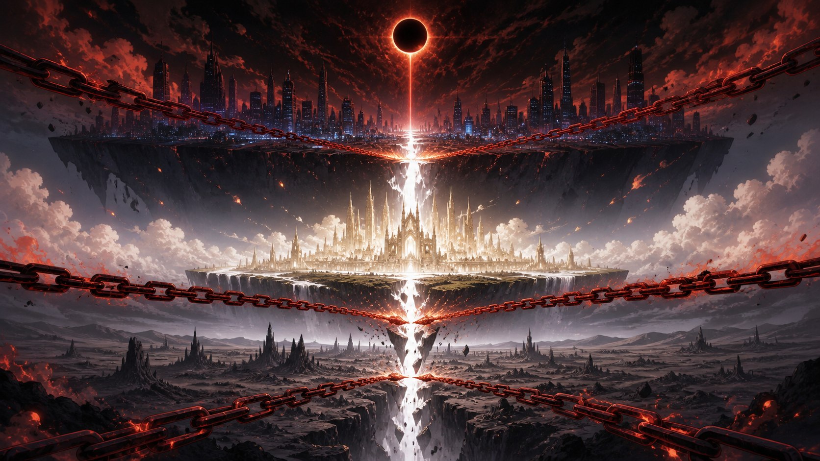 Original symbolic illustration of three fractured worlds held together by crimson chains beneath an eclipse