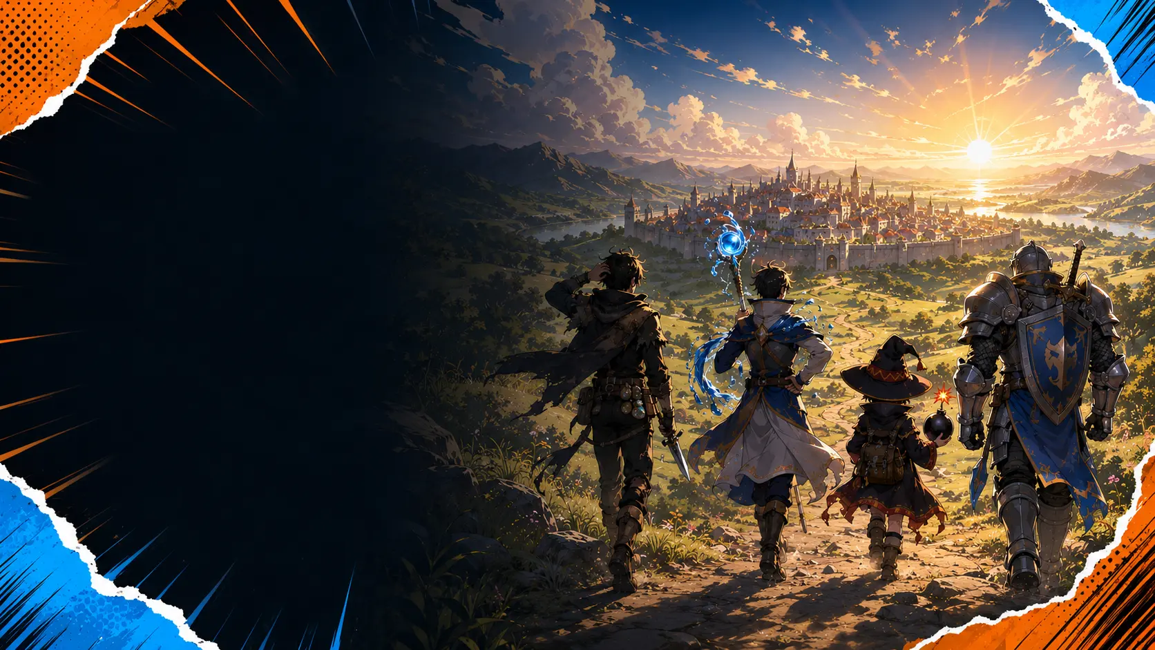 Original fantasy-comedy adventuring party approaching a city at sunrise in RogueVerse orange and blue framing