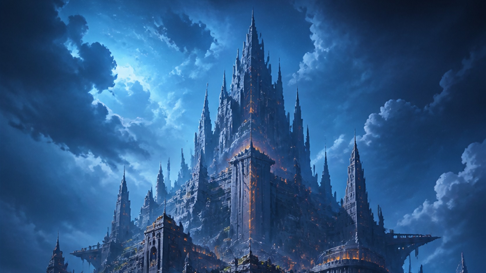 Original RogueVerse fantasy illustration of an immense floating fortress above storm clouds