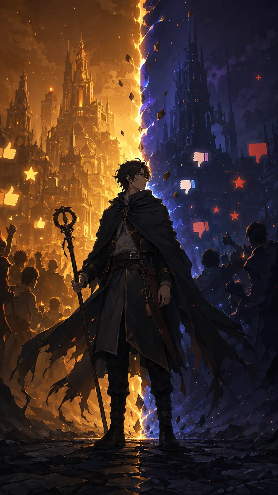 Original adult fantasy mage standing between cheering and critical crowds in a divided magical city