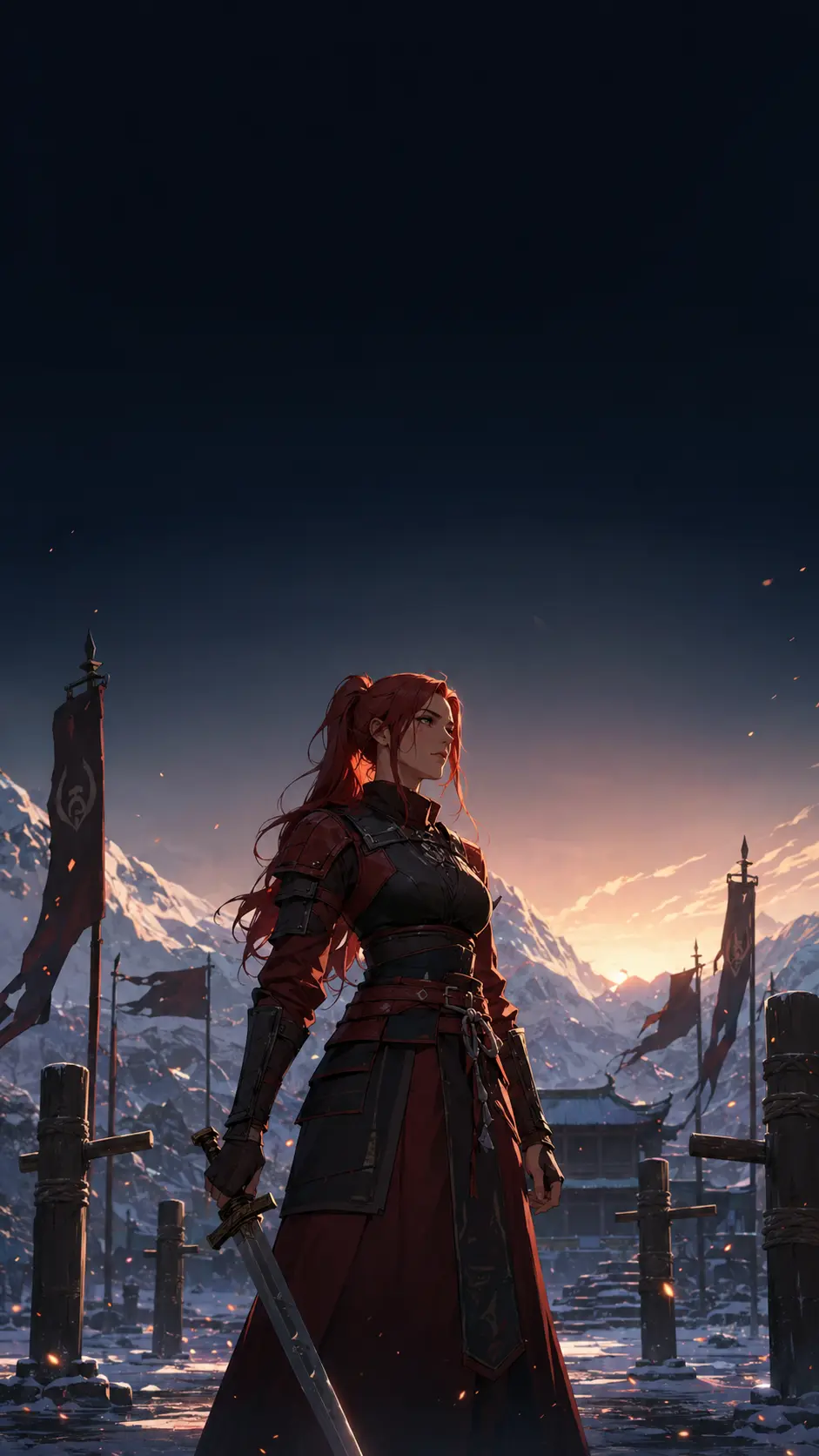 An original adult red-haired swordswoman standing in a mountain training compound at dawn.