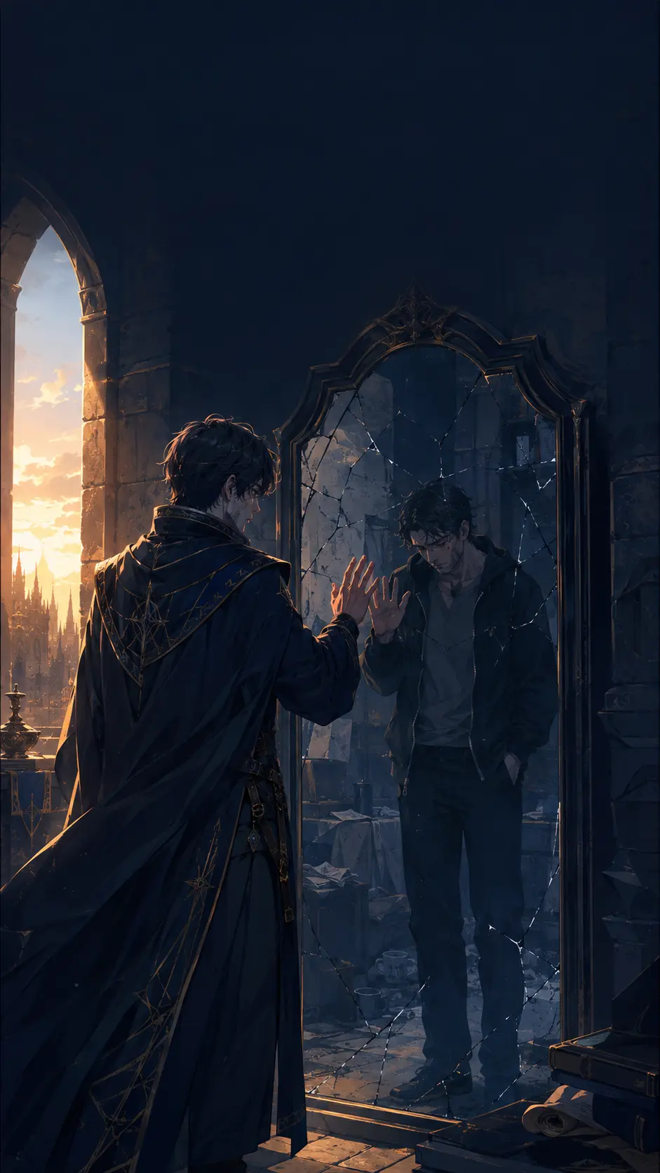 An original adult fantasy mage facing his exhausted modern self in a cracked mirror.