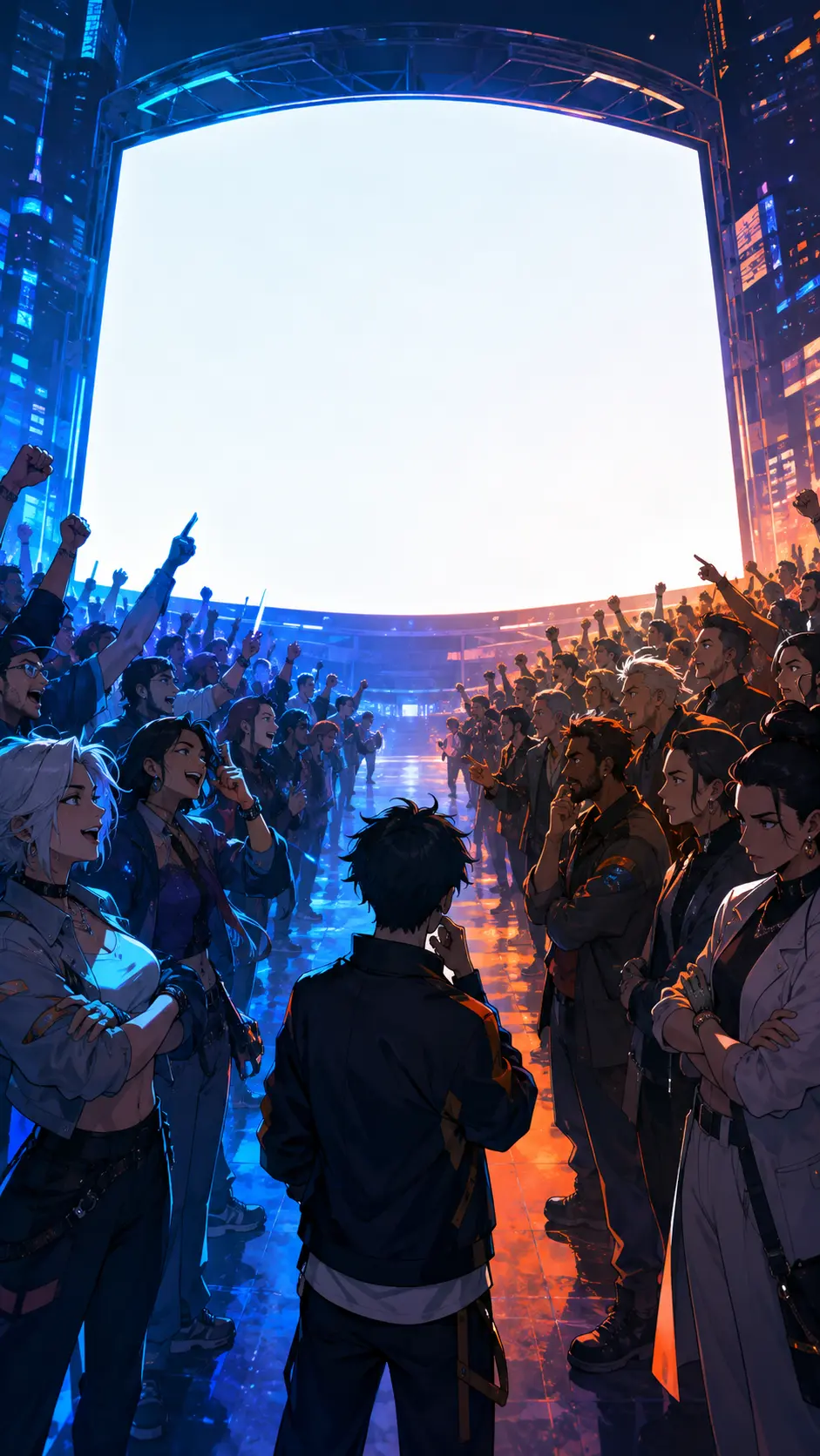Original adult viewers split into supportive and critical crowds around a glowing screen.
