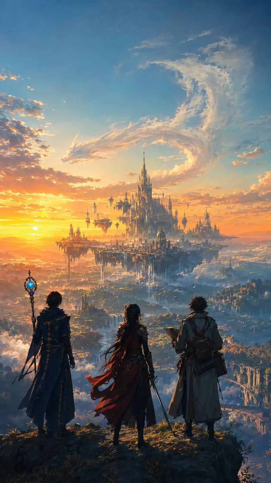 Three original adult fantasy travelers looking over a vast floating city at sunset.